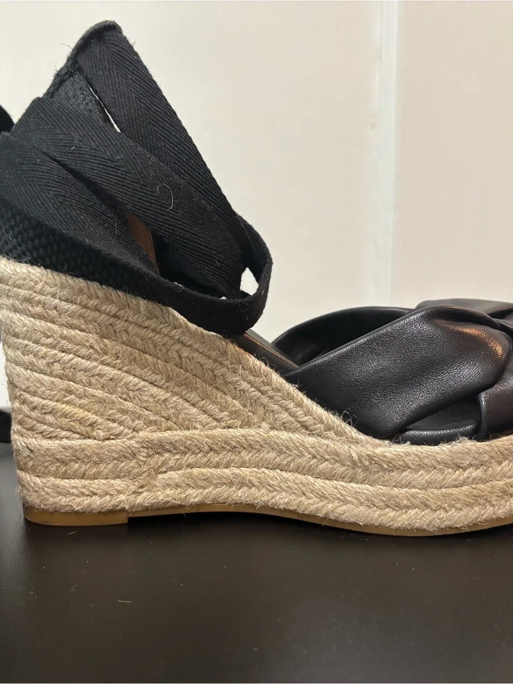 Cole Haan Black Leather Espadrille Wedge Sandals with Ankle Wrap — Worn One Time